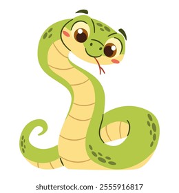 Flat vector illustration in a simple children's style. Cute kind snake on white background