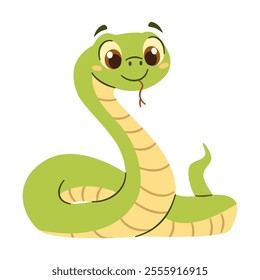 Flat vector illustration in a simple children's style. Cute kind snake on white background