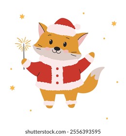 Flat vector illustration in a simple children's style. Cute fox in Santa Claus costume on white background. Vector illustration.