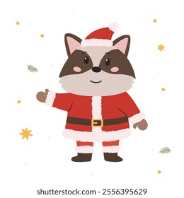 Flat vector illustration in a simple children's style. Cute raccoon in Santa Claus costume on white background