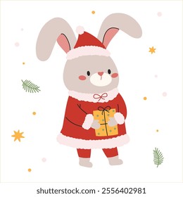 Flat vector illustration in a simple children's style. Cute rabbit in Santa Claus costume on white background