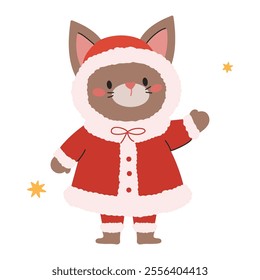 Flat vector illustration in a simple children's style. Cute kitty in Santa Claus costume on white background