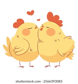 Flat vector illustration in a simple children's style. Cute hen and rooster in love. Illustration for valentine's day