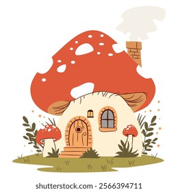 Flat vector illustration in a simple children's style. Cute little elf house made of big fly mushroom