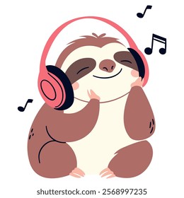 Flat vector illustration in a simple children's style. Cute sloth sitting and listening to music on white background 