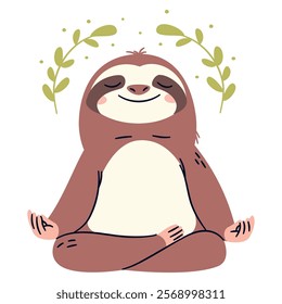 Flat vector illustration in a simple children's style. Cute sloth sitting doing meditation on white background, yoga 