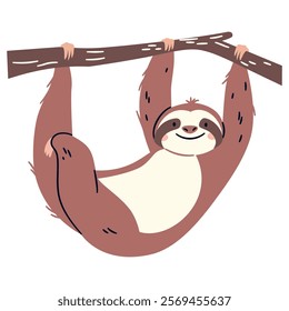 Flat vector illustration in a simple children's style. Cute sloth hanging on a branch on a tree on white background 