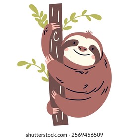 Flat vector illustration in a simple children's style. Cute sloth hanging on a branch on a tree on white background 