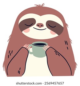 Flat vector illustration in a simple children's style. Cute sloth drinking coffee from a cup