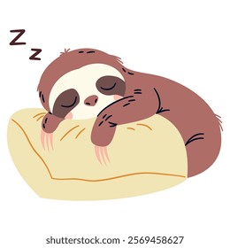 Flat vector illustration in a simple children's style. Cute sloth sleeping on a pillow