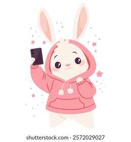 Flat vector illustration in a simple children's style. Cute bunny in pink hoodie is taking selfies, taking a picture of himself on his phone 