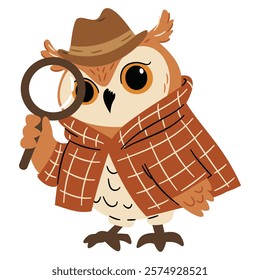 Flat vector illustration in a simple children's style. Cute owl detective looking through magnifying glass, bird in detective costume