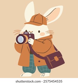 Flat vector illustration in a simple children's style. Cute bunny private detective taking pictures in camera. 
