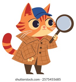 Flat vector illustration in a simple children's style. Cute ginger kitten private detective looking through magnifying loupe. 