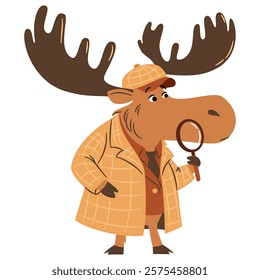 Flat vector illustration in a simple children's style. Cute moose private detective looking through magnifying loupe. 