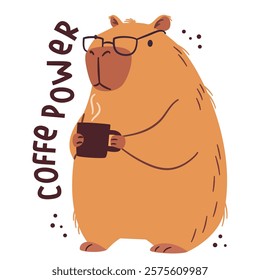 Flat vector illustration in a simple children's style. Cute capybara in office glasses holding a mug with coffee, caption coffee power
