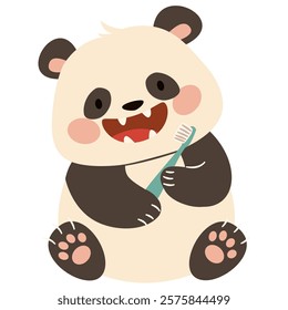 Flat vector illustration in a simple children's style. Cute panda smiling and holding a toothbrush. Oral hygiene
