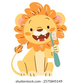 Flat vector illustration in a simple children's style. Cute lion smiling and holding a toothbrush. Oral hygiene
