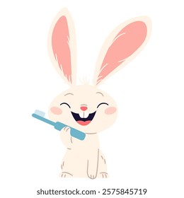 Flat vector illustration in a simple children's style. Cute bunny smiling and holding a toothbrush. Oral hygiene
