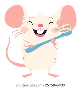 Flat vector illustration in a simple children's style. Cute mouse smiling and holding a toothbrush. Oral hygiene
