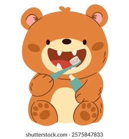 Flat vector illustration in a simple children's style. Cute bear smiling and holding a toothbrush. Oral hygiene
