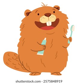 Flat vector illustration in a simple children's style. Cute beaver smiling and holding a toothbrush. Oral hygiene
