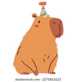 Flat vector illustration in a simple children's style. Cute cool capybara birthday cap, birthday party
