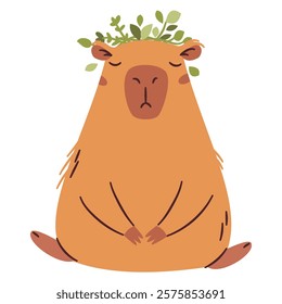 Flat vector illustration in a simple children's style. Cute capybara sitting in a relaxed pose with a wreath on his head, yoga and meditation 