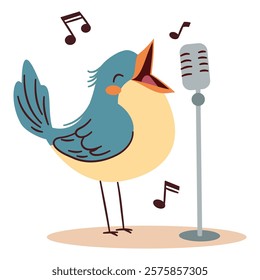 Flat vector illustration in a simple children's style. Cute bird singing into microphone, notes 