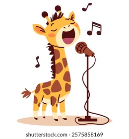 Flat vector illustration in a simple children's style. Cute giraffe singing into microphone, notes 