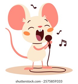 Flat vector illustration in a simple children's style. Cute mouse sings into microphone, notes 