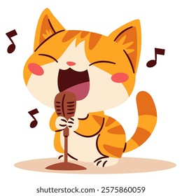 Flat vector illustration in a simple children's style. Cute ginger kitten singing into microphone, notes 