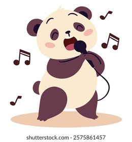 Flat vector illustration in a simple children's style. Cute panda singing in microphone, notes 