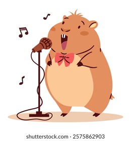 Flat vector illustration in a simple children's style. Cute hamster singing into microphone, notes 