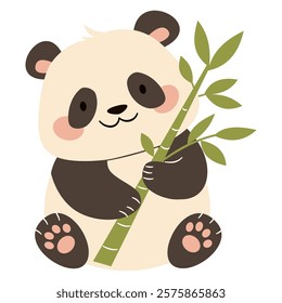 Flat vector illustration in a simple children's style. Cute panda hugging with bamboo  