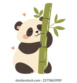 Flat vector illustration in a simple children's style. Cute panda hugging with bamboo  