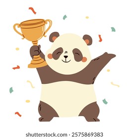 Flat vector illustration in a simple children's style. Cute panda is happy to win, first place and winner's cup