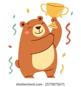 Flat vector illustration in a simple children's style. Cute bear cub happy to win, first place and winner cup.