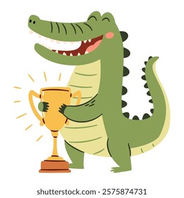 Flat vector illustration in a simple children's style. Cute crocodile happy to win, first place and winner cup.