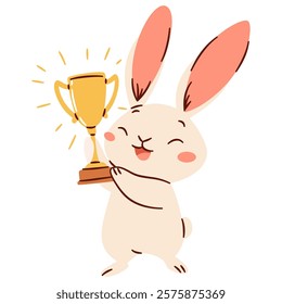 Flat vector illustration in a simple children's style. Cute rabbit happy to win, first place and winner cup. 