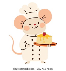 Flat vector illustration in simple children's style. Cute mouse cook holding a tray with a cake