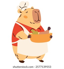 Flat vector illustration in simple children's style. Cute capybara cook holding a pot with chicken