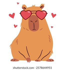 Flat vector illustration in a simple children's style. Cute capybara wearing heart-shaped sunglasses. Valentine's Day Holiday