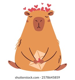 Flat vector illustration in a simple children's style. Cute capybara in a wreath of hearts, holding a letter. Valentine's Day Holiday