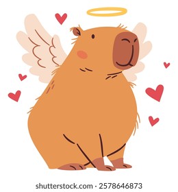 Flat vector illustration in a simple children's style. Cute capybara cupid. Valentine's Day Holiday