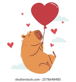 Flat vector illustration in a simple children's style. A cute capybara is flying on heart-shaped balloons. Valentine's Day Holiday