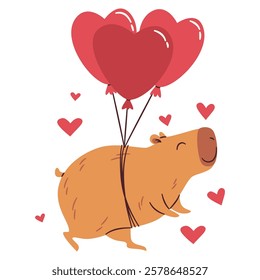 Flat vector illustration in a simple children's style. A cute capybara is flying on heart-shaped balloons. Valentine's Day Holiday