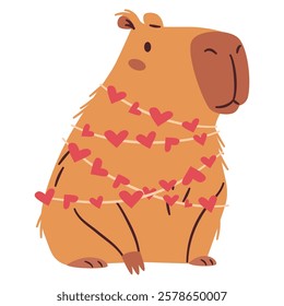 Flat vector illustration in a simple children's style. A cute capybara wrapped in a garland of hearts. Valentine's Day Holiday