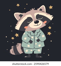 Flat vector illustration in a simple children's style. Cute sleepy raccoon in pajamas on dark background with stars