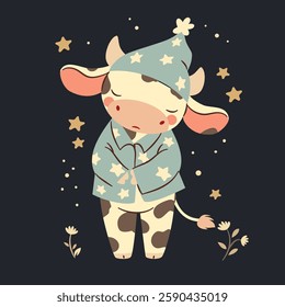 Flat vector illustration in a simple children's style. Cute sleepy calf in pajamas on dark background with stars